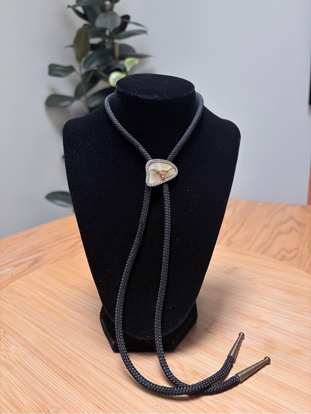 Vintage Black Braided Bolo Tie Necklace with Gold + Silver Longhorn Accent